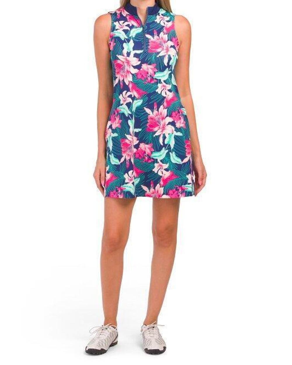 New Tommy Bahama Golf Tennis Dress Floral Print Blue Pink Zip Up Sleeveless Sz S